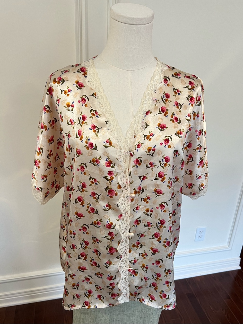 Satin Floral‎ Lace Trim Blouse Coquette Cottagecore Boho Flutter Sleeve Romantic